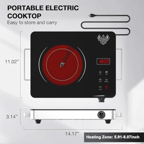 Electric Cooktop Portable Stove Single Burner 1800W Hot Plate Timer (Silver Single Burner)