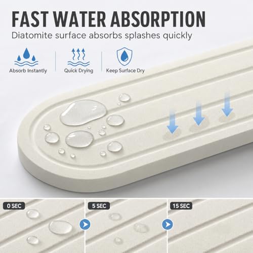 2PCS Water Absorbing Stone Drying Tray Mat for Bathroom Sink & Kitchen Counter Faucet Organizer Decor (2 Pack - Natural White / 10"x 3.8")
