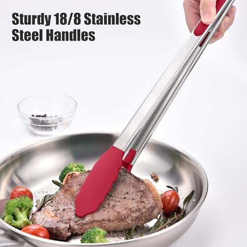 Kitchen Tongs with Silicone Tips for Cooking Serving (16in / Red)
