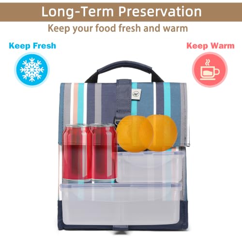 Insulated Lunch Bag Rolltop Lunch Box Tote Bag for Women (Navy Teal Stripe)