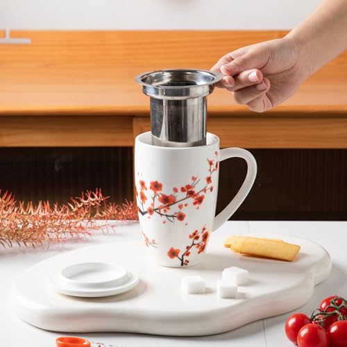Sweejar Porcelain Tea Mug with Infuser and Lid (Plumblossom / Tea Cup(16 Fl Oz))
