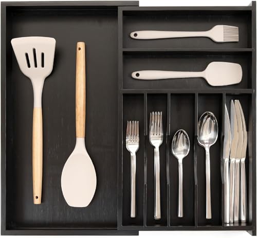 Silverware & Utensil Drawer Organizer (Black Bamboo / From 10.5" to 19" Wide)