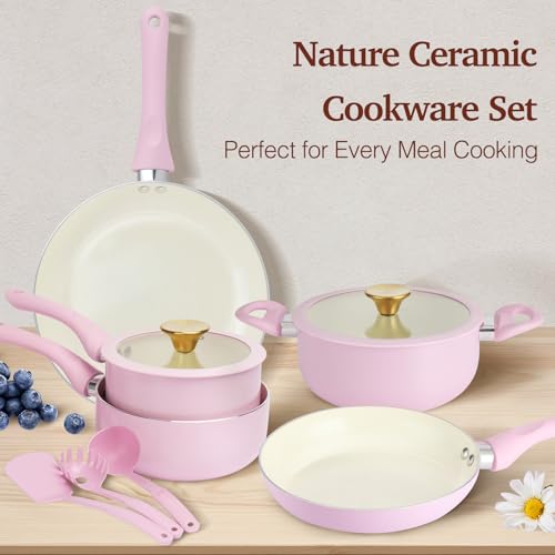 Pots and Pans Set Non Stick (Pink / 11 Piece)