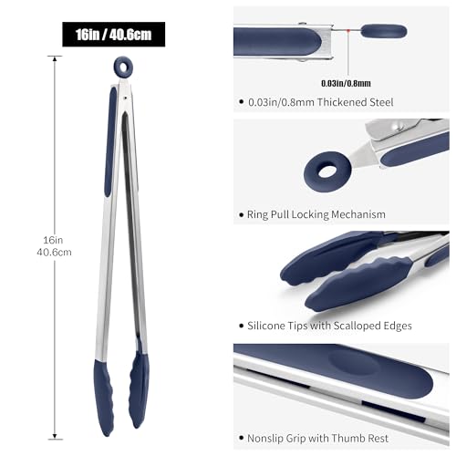 Kitchen Tongs with Silicone Tips for Cooking Serving (16in / Navy Blue)
