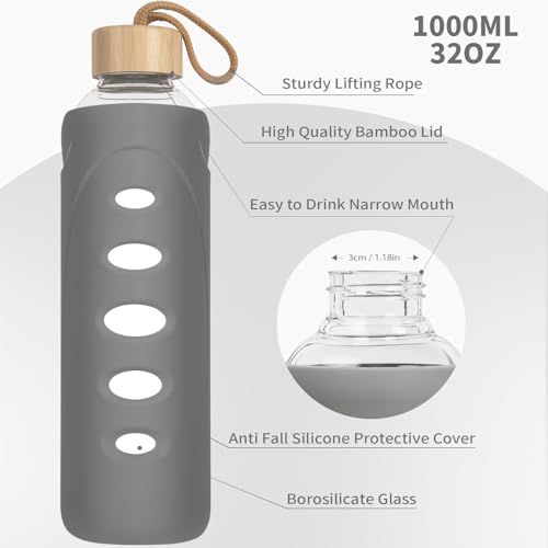 32 oz Narrow Mouth Glass Water Bottle with Windowed Silicone Sleeve (Grey)