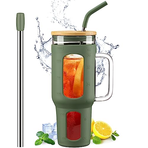 Glass Tumbler with Lid and Straw (Olive / 46 Ounces)