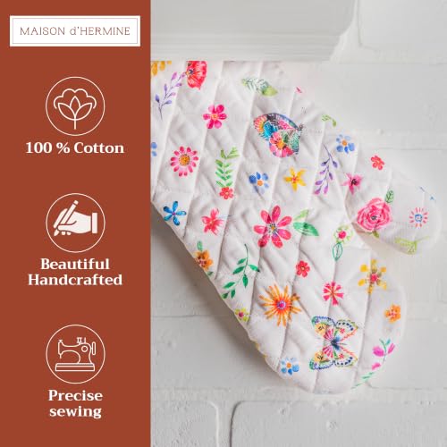 Maison d'Hermine Oven Gloves 100% Cotton Oven Mitt (034 - Happy Florals - Sweety / 7.5" x 13" (Oven Mitt))