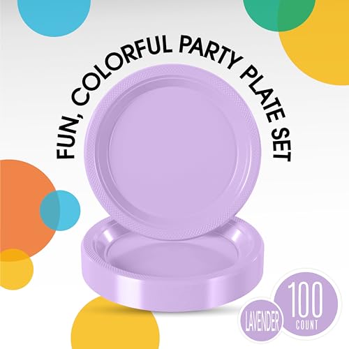 Lavender Plastic Plates for Party 7 Orange Disposable Plates for Party Supplies 100 Pcs Plastic Dinnerware Sets Heavy Duty 350 GSM Disposable Dinnerware Set (7 inch / Lavender)