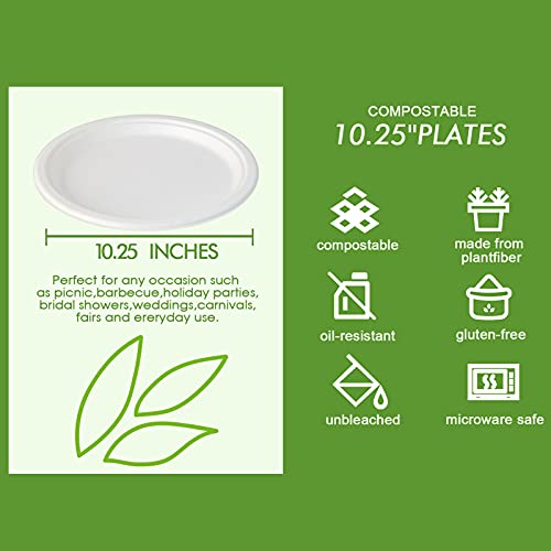 150 Pack Compostable Disposable Paper Plates 10.25 inch Super Strong Paper Plates 100% Bagasse Natural Biodegradable Eco (White / Contemporary)