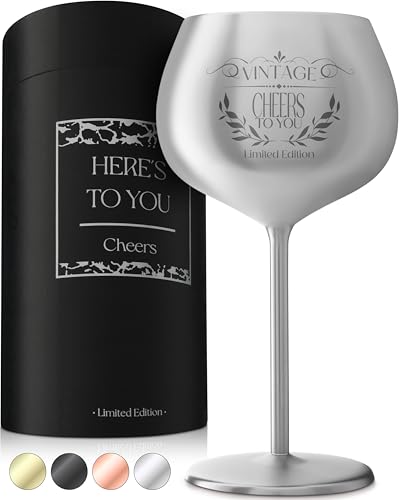 Cheers to You Birthday Wine Glass with Engraved Vintage Quote (All Ages Birthday / Silver)