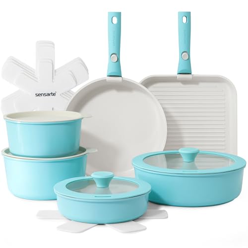 17 Piece Ceramic Detachable Handle Pots and Pans Set Turquoise (Turquoise / 17 Piece)