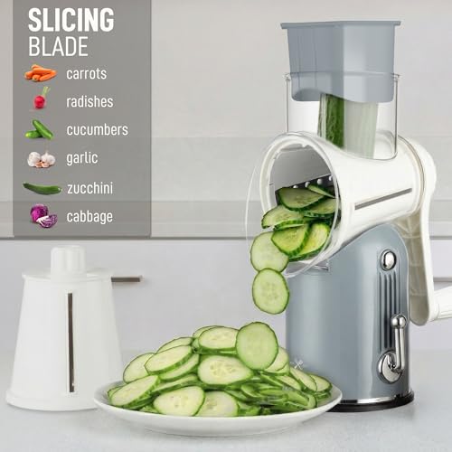 Rotary Cheese Grater Manual Hand Crank 5 Blade Shredder (5 Blades / Classic | Gray)