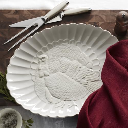 French Perle White 18in Large Serving Platter Carved Turkey Stoneware (Turkey Platter / White)