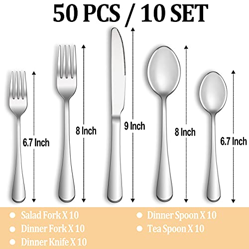 50 Piece Silverware Set Service for 10 (Silver)