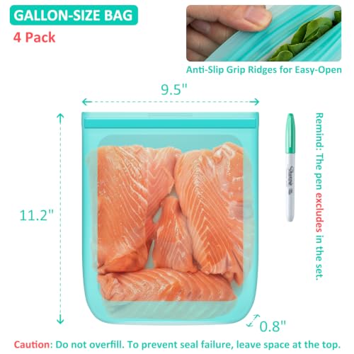 100% Silicone Reusable Gallon Freezer Bags (Aqua| Gallon | 4 Pack Flat)