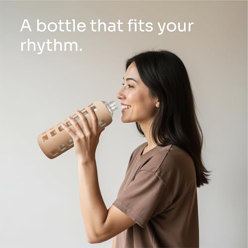40oz / 32oz / 22oz / 12oz Borosilicate Glass Water Bottle with Time & Volume Markers, Silicone Sleeve, Stainless Steel Lid | Reusable Glass Bottle for Water & Juice (32oz Iced Coffee) (Iced Coffee / 32 Ounces)
