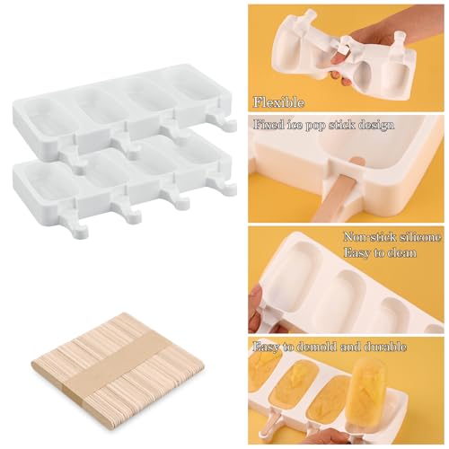 2 Pack 4 Cavity Popsicle Silicone Molds with 50 Wooden Sticks (2 Pcs Large - White)