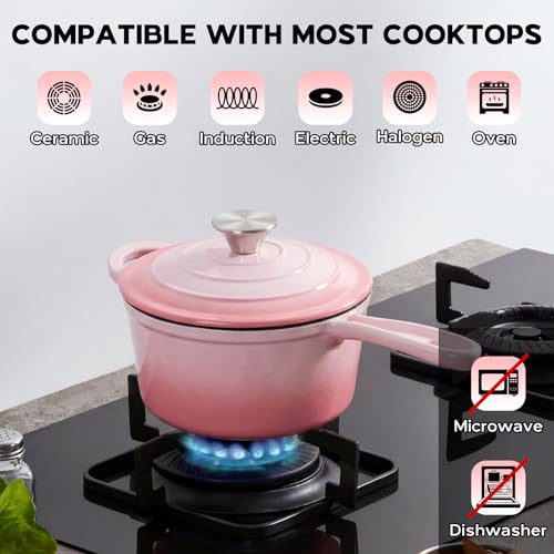 1QT Enameled Cast Iron Saucepan with Lid (Pink / 1 Quarts)