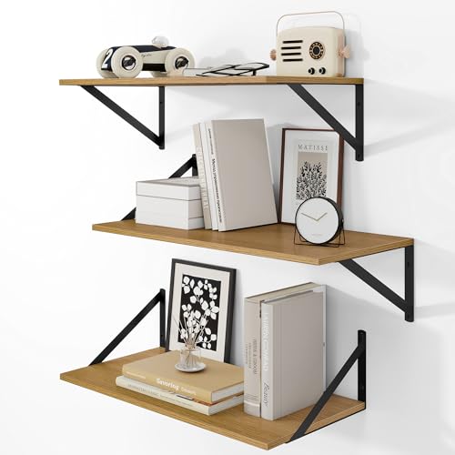 24W x 12D Deep Floating Shelves Set of 3 Oak (Oak With Black Metal Bracket / 24wx12dx5.8h)