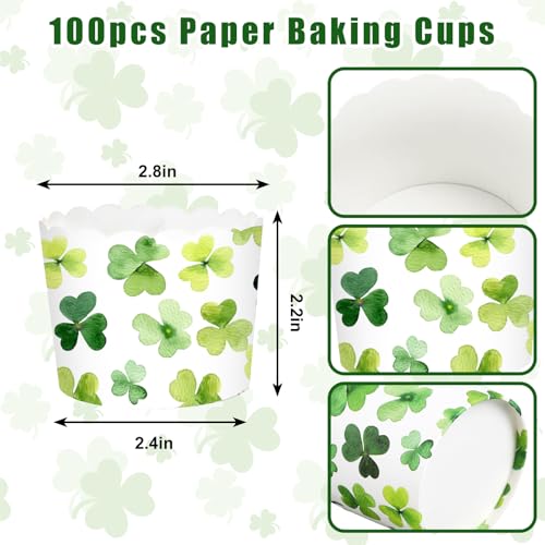 100Pcs St. Patrick's Day Paper Baking Cups Cupcake Wrappers Watercolor Green Shamrock Clover Scalloped Edge Cupcake Muffin Cases for Irish Dessert Decoration (Watercolor Clover)