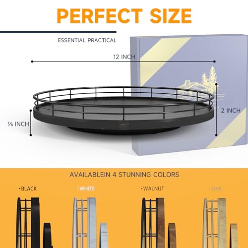 12 Inch Oak Lazy Susan Vanity Tray with Black Brush Gold Metal Rail