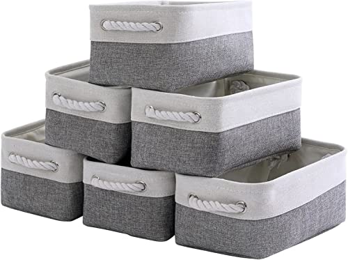 Small Storage Baskets for Shelf 6 Pack Canvas Storage Basket with Handles Fabric Storage Basket for Organizing Storage Bin (White&Grey / Small-6 Pack)