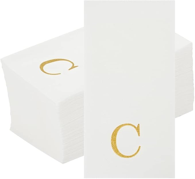 Luxenap 15.8 X 7.9 Inch Linen-Feel Guest Towels, 50 Lettered Hand Towels - Gold Letter 'C', Sans Serif Font, White Paper Dinner Napkins, airlaid, For Restrooms And Tables - Restaurantware