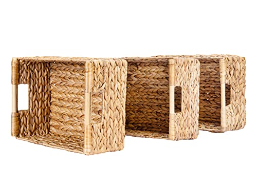 Large Wicker Basket Rectangular with Wooden Handles for Shelves (Water Hyacinth / 3-Pack Large (14.5"L x 10.3"W x 7.5"H))