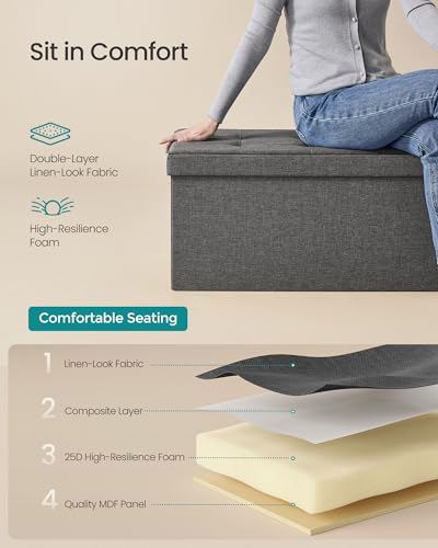 30 Inches Folding Storage Ottoman Bench (Dark Gray / 15"D x 30"W x 15"H (without Flipping Lid))
