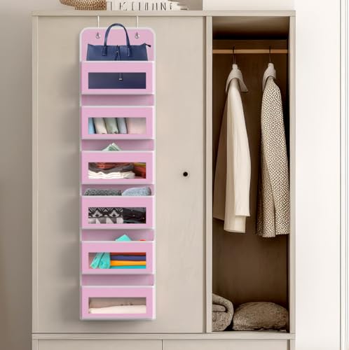 6 Clear Window Pocket Over Door Hanging Organizer (6 Pockets / Pink)