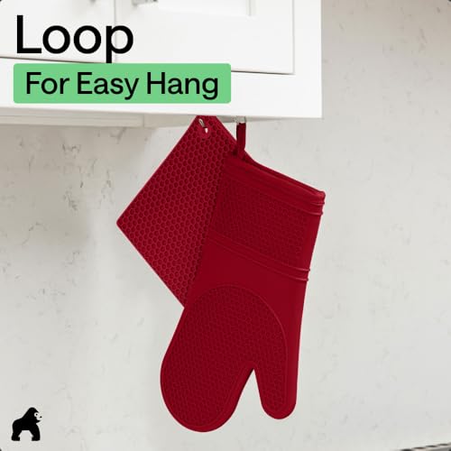 BPA Free Silicone Oven Mitts and Pot Holders Set (Red / 12.5" Oven Mitts + 7" Trivets)