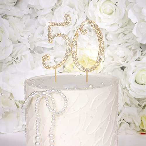 Gold 50th Birthday Cake Topper Rhinestones Cake Decorations for 50th Birthday Party (50th- Gold)