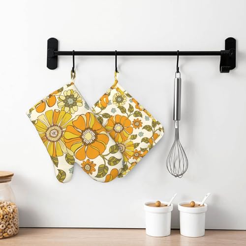 Retro 70s Style Flower Oven Mitts and Pot Holders Sets Silicone Kitchen Mitts Potholders Heat Resistant 4Pcs Oven Gloves Hot Pads for Kitchen Baking Cooking BBQ Grilling (Plant Flower)
