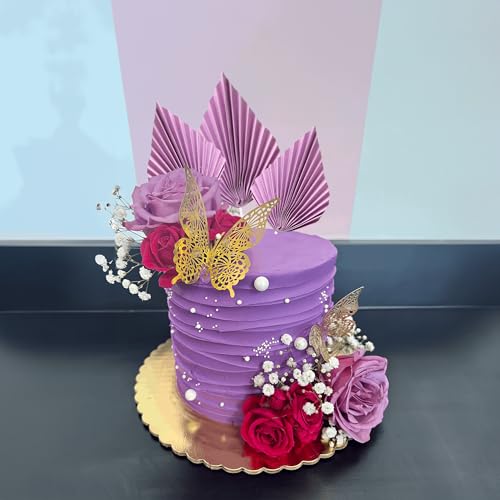6Pcs Paper Palm Fan Cake Toppers Palm Leaf Fan Cake Topper Palm Spear Leaf Cupcake Toppers Cake Insert Decoration For Cake Decorating Diy Craft Project Home Wedding Party Supplies Purple (6 Count)
