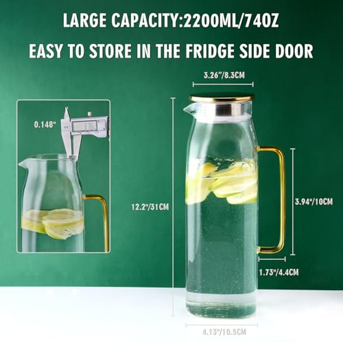 74oz Square Glass Pitcher with Lid and Handle for Fridge (74 Ounces)