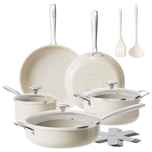Ceramic Nonstick Cookware Set (Beige / 14PC Cookware Sets)