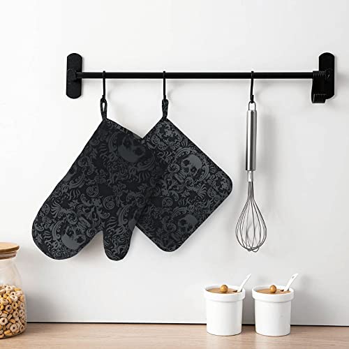 Gothic Skull Oven Mitts and Pot Holders Sets of 4 (One Size / Silicone Skull)