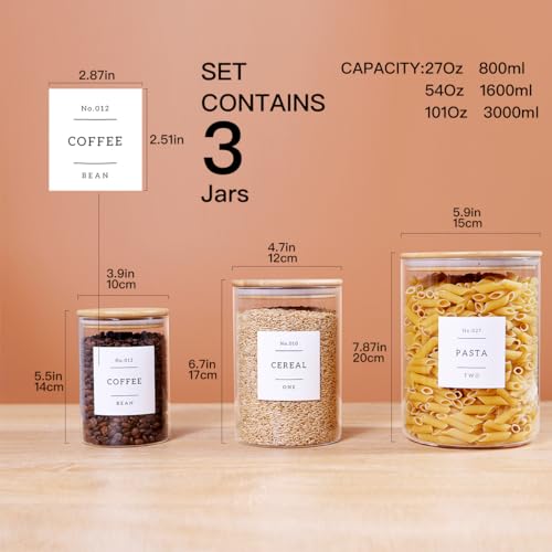 3 Pcs Glass Canisters with Airtight Bamboo Lids and 42 Kitchen Pantry Labels Preprinted