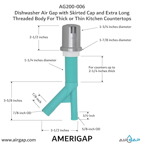 Dishwasher Air Gap with Skirted Cap and Extra Long Threaded Body for Thick or Thin Kitchen Countertops (AG200-006)