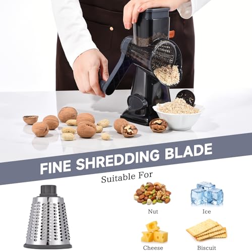 Rotary Cheese Grater with Handle Kitchen Shredder Slicer Grater Slicer Ice Shaver Cheese Vegetable Nuts Potato Zucchini Chocolate 3 Interchangeable Blades