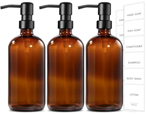 Shampoo and Conditioner Dispenser (Amber Bottle + Black Pump / 3 Pack)