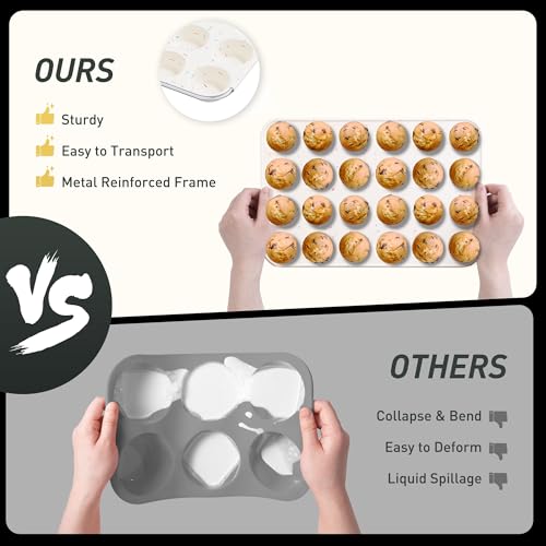 2 Pack 24 Cups Silicone Mini Muffin Pan with Metal Reinforced Frame Silicone Molds Cupcake Cake Baking Cheesecake Pans Cookie Baking Chocoflan Cupcake Mold Mini Bundt Cake Pan Women Gift (2pc: 24-Cup Mini / Cream)