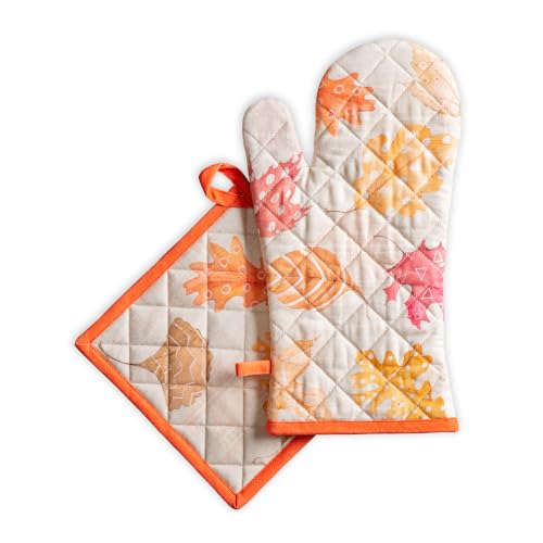100% Cotton Oven Mitt & Pot Holder Set (103 - Colours of Autumn / 7.5" x 13" & 8" x 8" (Oven Mitt & Pot Holder))