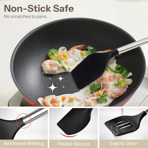 28 Piece Silicone Kitchen Utensils Set with Stainless Steel Handles (Black / 28 Piece)