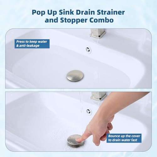 2 Pack Upgraded 3 in 1 Bathroom Sink Drain Strainer (Brushed Nickel)