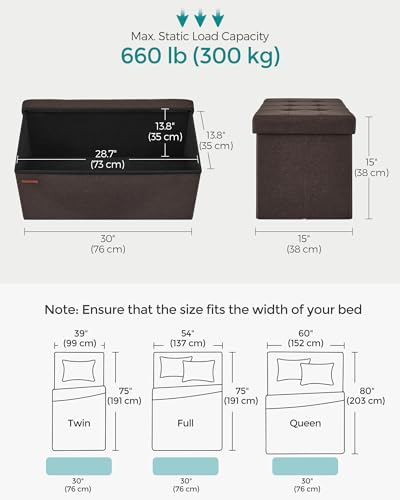 30 Inches Folding Storage Ottoman Bench (Brown / 15"D x 30"W x 15"H (without Flipping Lid))