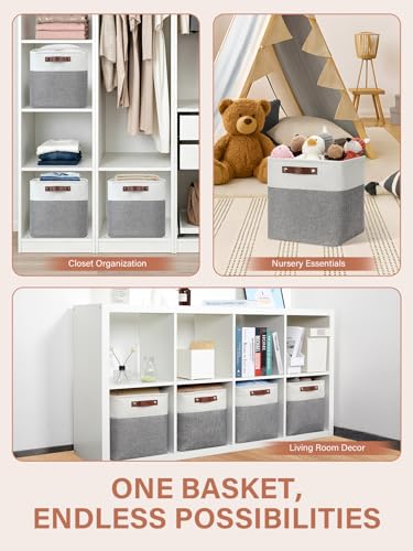 Set of 4 Storage Cubes Baskets for Organizing (White&Grey / M-12"x 12"x12")