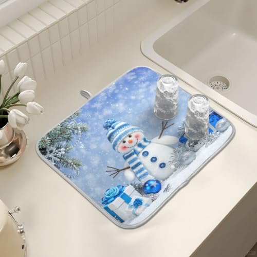 Christmas Snowman Winter Dish Drying Mat for Kitchen Counter Absorbent Microfiber Large Drying Pad Dish Mats Snowflake for Kitchen Countertops 18 x 24 Inch (Christmas Snowman Blue / 24" x 18")