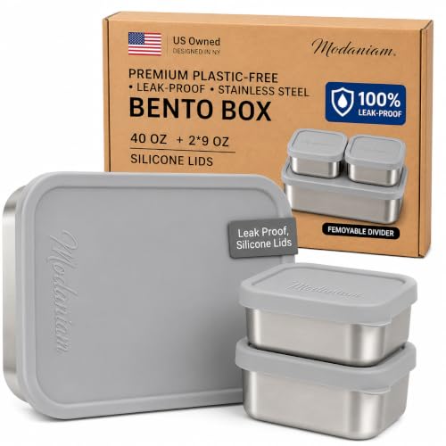 Flexibento 40 OZ Leak Proof Stainless Steel Lunch Box (Grey set of 3: 1*40OZ + 2 *9 OZ)