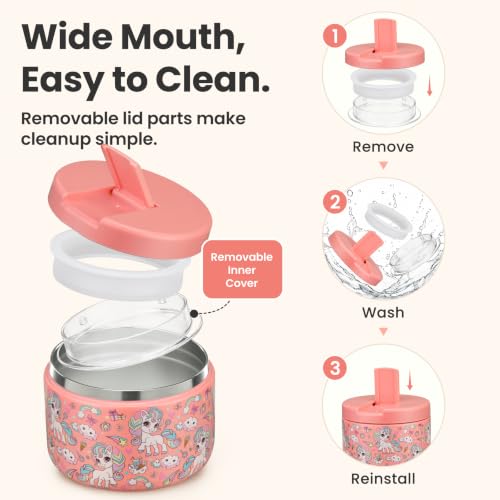 12oz Insulated Vacuum Food Jar with Buckle Lid Wide Mouth Soup Thermo for Hot Food Kids Leakproof Stainless Steel Lunch Container (Pink-Horse / 12OZ)